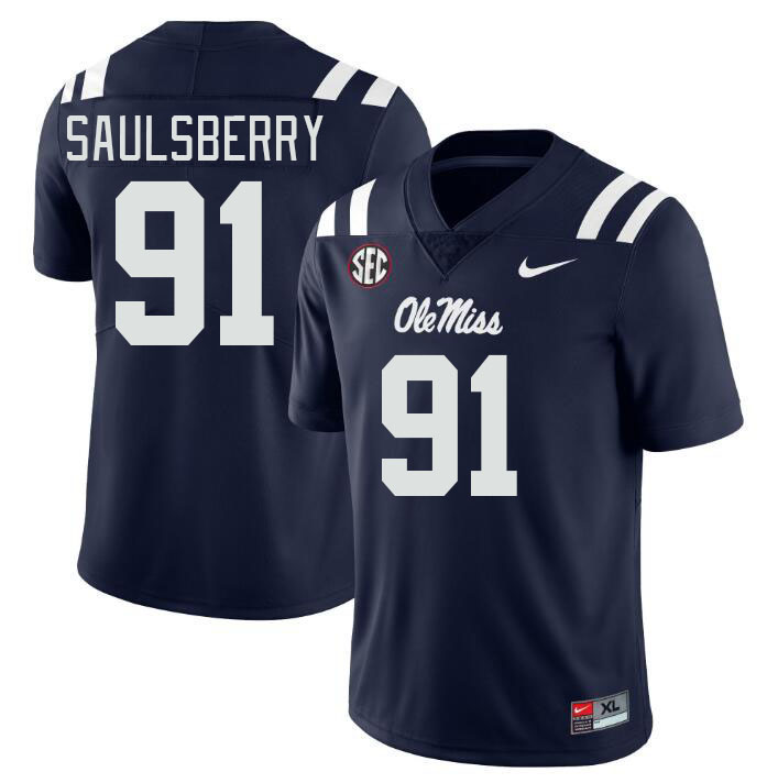 Men #91 Myles Saulsberry Ole Miss Rebels College Football Jerseyes Stitched Sale-Navy